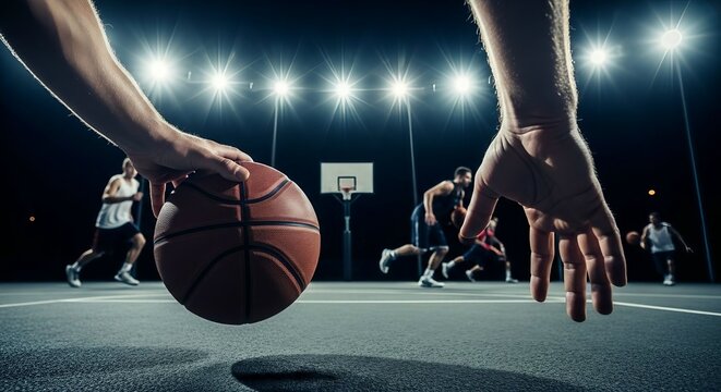 A close-up view of a basketball being dribbled on a court during a game. - Powered by Adobe