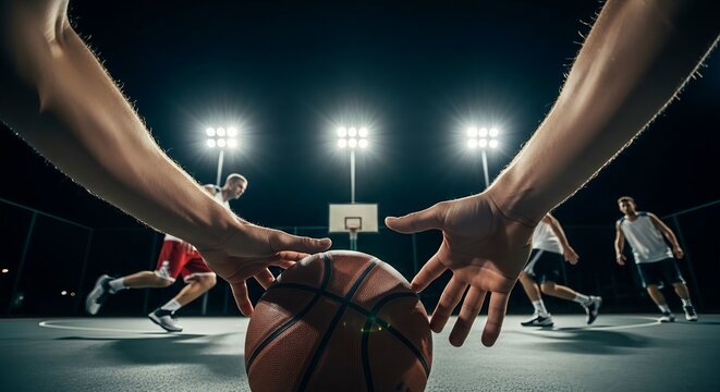 Low-angle view of basketball players in action, focusing on a ball between outstretched hands, illuminated by bright lights.