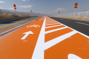 Modern orange bicycle lane with road markings next to highway and mountain range