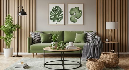 Stylish green living room with plants and wooden slat wall.