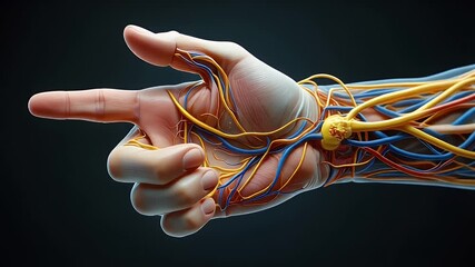 Detailed 3D illustration of a human hand pointing, revealing the complex internal network of veins, arteries, and nerves - Powered by Adobe