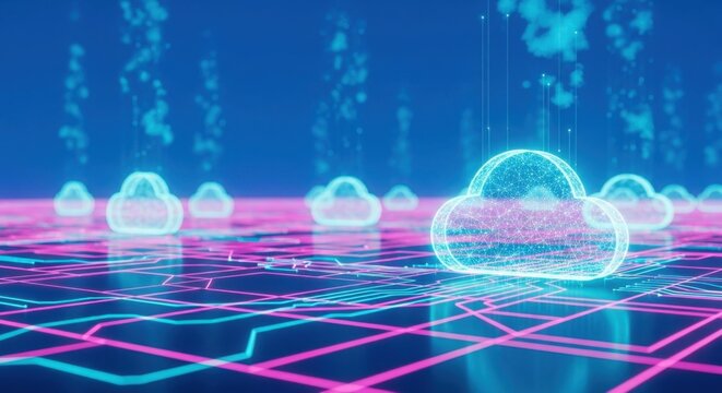 Digital cloud network infrastructure with glowing data connections and server technology