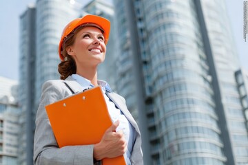 Smiling young adult woman in orange hard hat and blazer holding clipboard looking up at modern city buildings