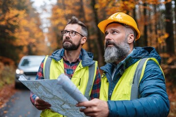 Two focused male workers in reflective vests and hard hat holding map outdoors in autumn forest