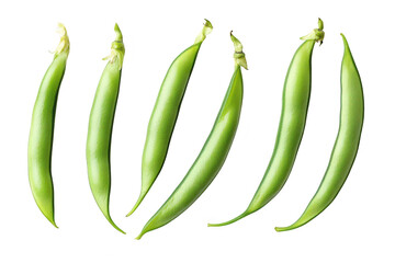 Fresh green snap peas arranged in a line on a white background. their color and natural shine. ideal for culinary presentations or healthy eating concepts