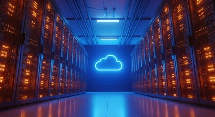 Futuristic server room with glowing data racks and a bright blue neon cloud icon