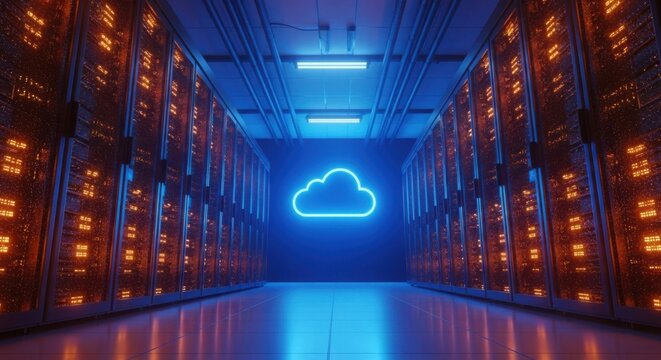 Futuristic server room with glowing data racks and a bright blue neon cloud icon