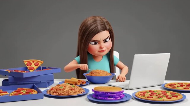 Frustrated animated character surrounded by a massive fast food spread and a laptop, symbolizing modern struggles with overeating, diet challenges, and digital screen time pressures
