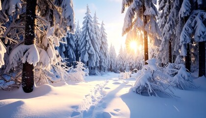 Fototapeta premium Snowy forest trail with sun illuminating frosted trees and footprints