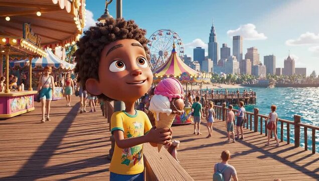Joyful animated boy with triple scoop ice cream on a vibrant amusement pier, with a bustling carnival and city skyline in the background.