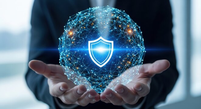Global network security shield held in hands, symbolizing digital data protection. - Powered by Adobe
