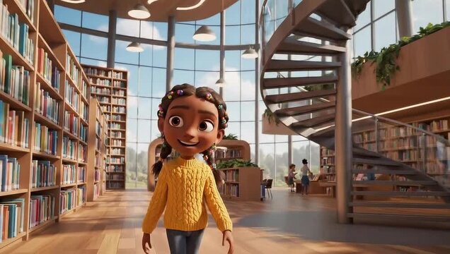 Cheerful animated girl smiling in a bright modern library, surrounded by books and a spiral staircase, embodying learning and discovery.