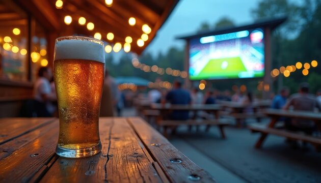 Glass beer stands on wooden table in outdoor bar. People watch sport game on big screen. Lights illuminate setting. Friends have fun together. Concept of leisure.