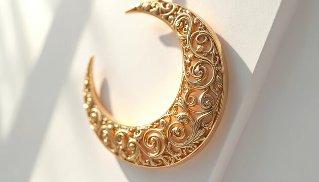Golden crescent moon ornament with intricate filigree details. Elegant celestial decor piece. Luxury decorative item, ornate metalwork, art nouveau style.