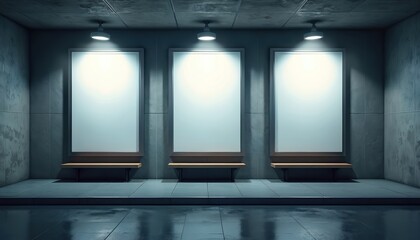 Illustration presents three empty billboard frames in basement station hallway. Interior shot features benches below screens. Overhead lights illuminate space. Scene evokes mood of anticipation