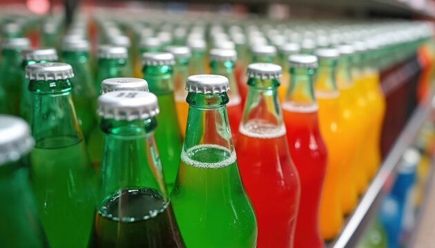 Close up photo shows a variety of soda bottles on display in a store. Colorful glass bottles are arranged on shelves with bubbly refreshing drinks. Refreshments ready to buy and enjoy.