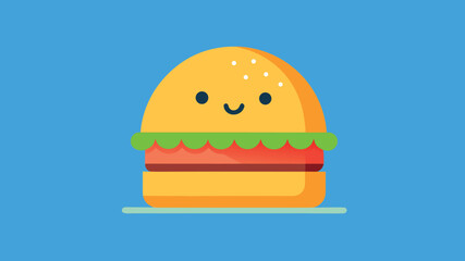 Cute happy burger character with smiling face on blue background