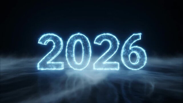 Digital Countdown to 2026 Bright electric blue numerals illuminate a dynamic, smoky environment, foreshadowing a future of innovation and technological growth