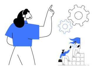 Person pointing upward, gears representing ideas, team climbing building blocks with a flag. Ideal for leadership, teamwork, collaboration, problem-solving, success strategy innovation. Simple flat
