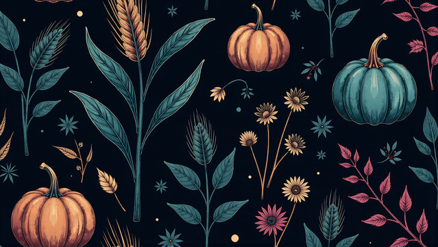 Ethereal Midnight Harvest - Dark Botanical Seamless Pattern for Mysterious Autumn Nights