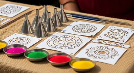 Vibrant rangoli art supplies laid out with intricate stencils and bright colored powders on a