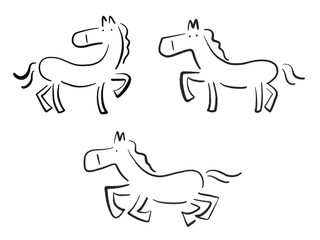 墨絵のかわいいポーズをとる馬のセット　モノクロ　走る・立つ