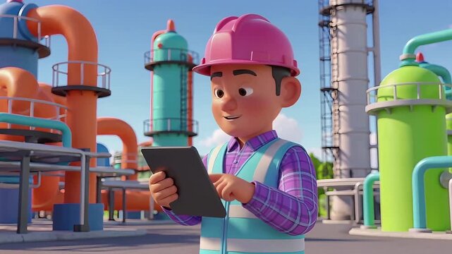 3D animated engineer character in a hard hat and safety vest using a digital tablet at a vibrant industrial plant, overseeing operations with technology
