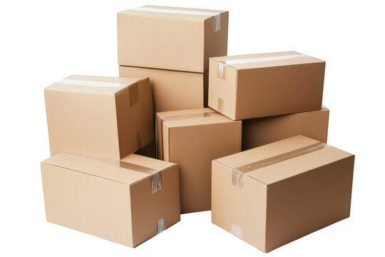 A stacked arrangement of several brown cardboard boxes in various sizes. a neat and organized packaging display. ideal for logistics. shipping. or storage concepts