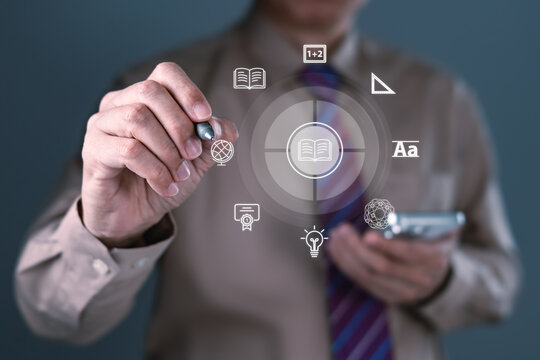 E-learning and education technology concept with digital learning icons and businessman interacting on virtual interface - Powered by Adobe