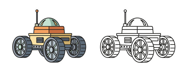 Detailed cartoon drawing of a planetary rover or moon buggy with a domed observation unit and large wheels in light brown and gray colors, representing space exploration and science © Dzianis