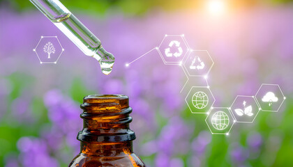 Natural medicine extraction: Dropper dispensing oil into amber bottle with eco-friendly icons