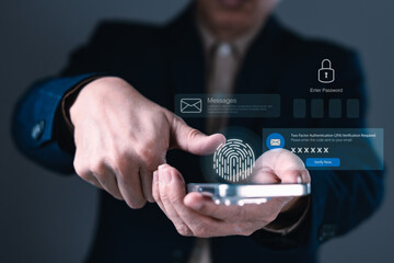 Businessman using fingerprint scan and two-factor authentication for secure mobile login, email verification, and digital data protection