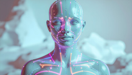 Futuristic Humanoid Head with Glowing Circuitry, Concept of Medicine and Technology