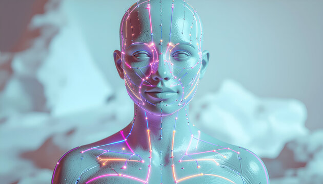 Futuristic Humanoid Head with Glowing Circuitry, Concept of Medicine and Technology - Powered by Adobe