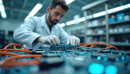 Engineer tests automotive battery in lab. Man in gloves works with electric vehicle battery cells. Scientist examines circuits, uses equipment, repairs device. Tech expert conducts research in