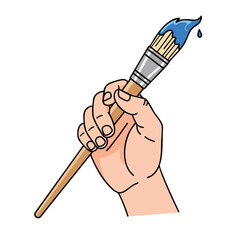 Cartoon Hand Holding Paintbrush with Dripping Blue Paint, Artistic Expression