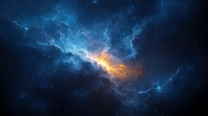 A stunning depiction of a colorful nebula in deep space, featuring swirling clouds of blue and orange gas illuminated by a bright, energetic core, with countles