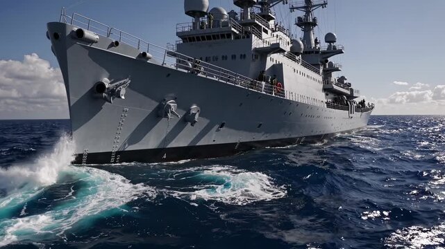 Dynamic low-angle video shot of a naval ship cutting through ocean waves, emphasizing power and movement under a bright, partly cloudy sky.