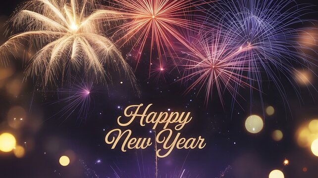 Happy New Year celebration with colorful fireworks exploding in the sky
