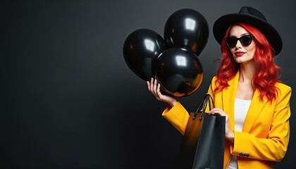 Woman in yellow jacket holds black shopping bags and balloons against dark background. She wears sunglasses and a hat. This image is great for sale promotions and fashion stories.