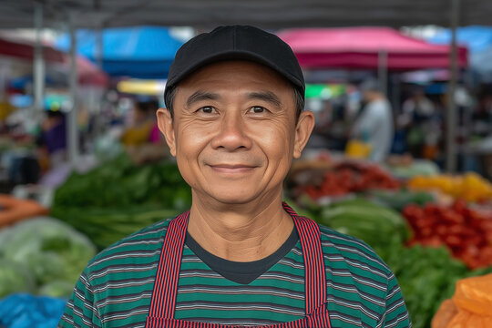 Middle-aged male vendor at outdoor food market, smiling with fresh vegetables in colorful background