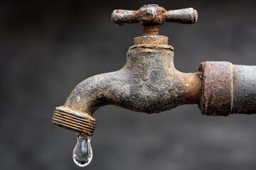 Rusty tap dripping single water drop, water conservation concept