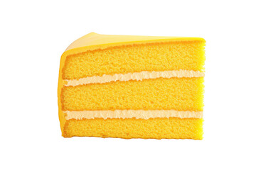 Fototapeta premium A slice of yellow cake with creamy frosting. presented on a clean white background. its fluffy texture and inviting appearance. ideal for dessert-related content