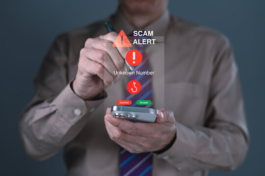 Scam alert and phone fraud warning concept with unknown number phishing call notification on digital screen - Powered by Adobe