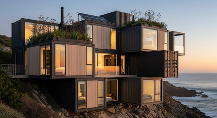 Multi-level shipping container house on rocky coastline at golden hour