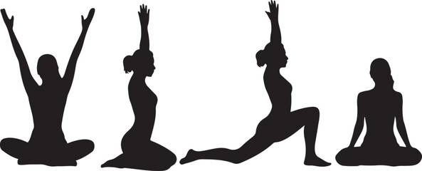 Silhouette shows four women performing yoga poses, promoting peace and well being