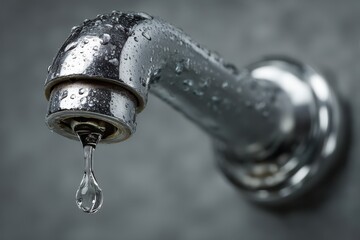 Water drop dripping from chrome faucet