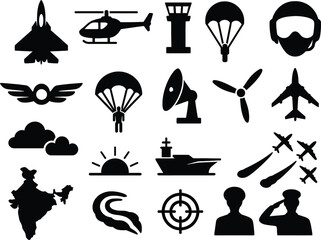 Indian Air Force Day Solid Black Silhouette Icons Set on White Background