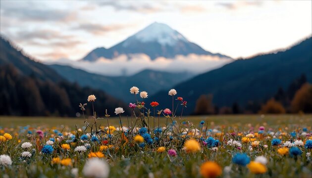 A vibrant meadow filled with colorful wildflowers in the foreground, with majestic mountains and misty clouds in the background during sunrise.