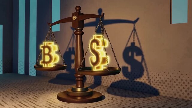 Conceptual visualization of financial market equilibrium, comparing the evolving value of innovative cryptocurrencies with established traditional fiat currencies on a classic weighing scale